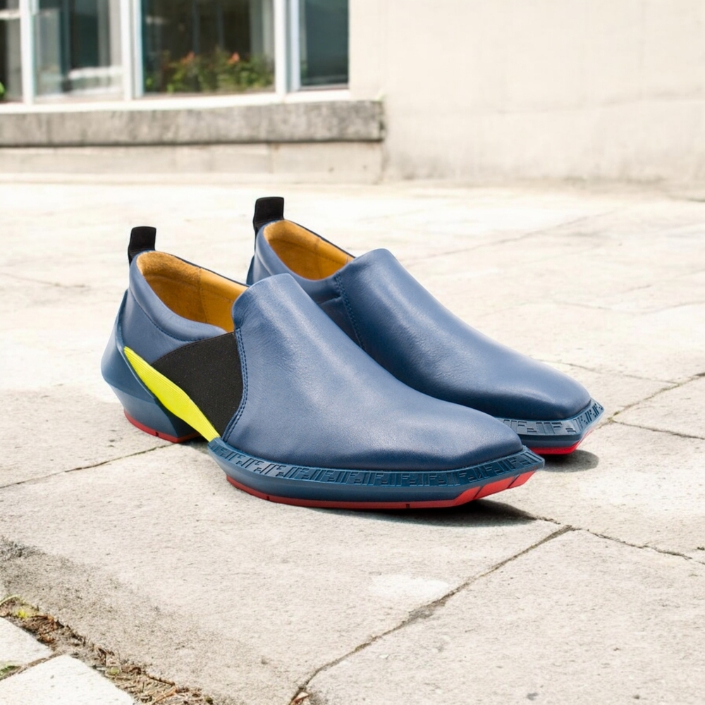 John Fluevog Blue Manifold Plurality Leather Slip-On Sneaker Size 10 New